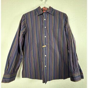 Faconnable Jeans Mens Striped Long-Sleeve Button-Up Shirt Medium Blue Cotton